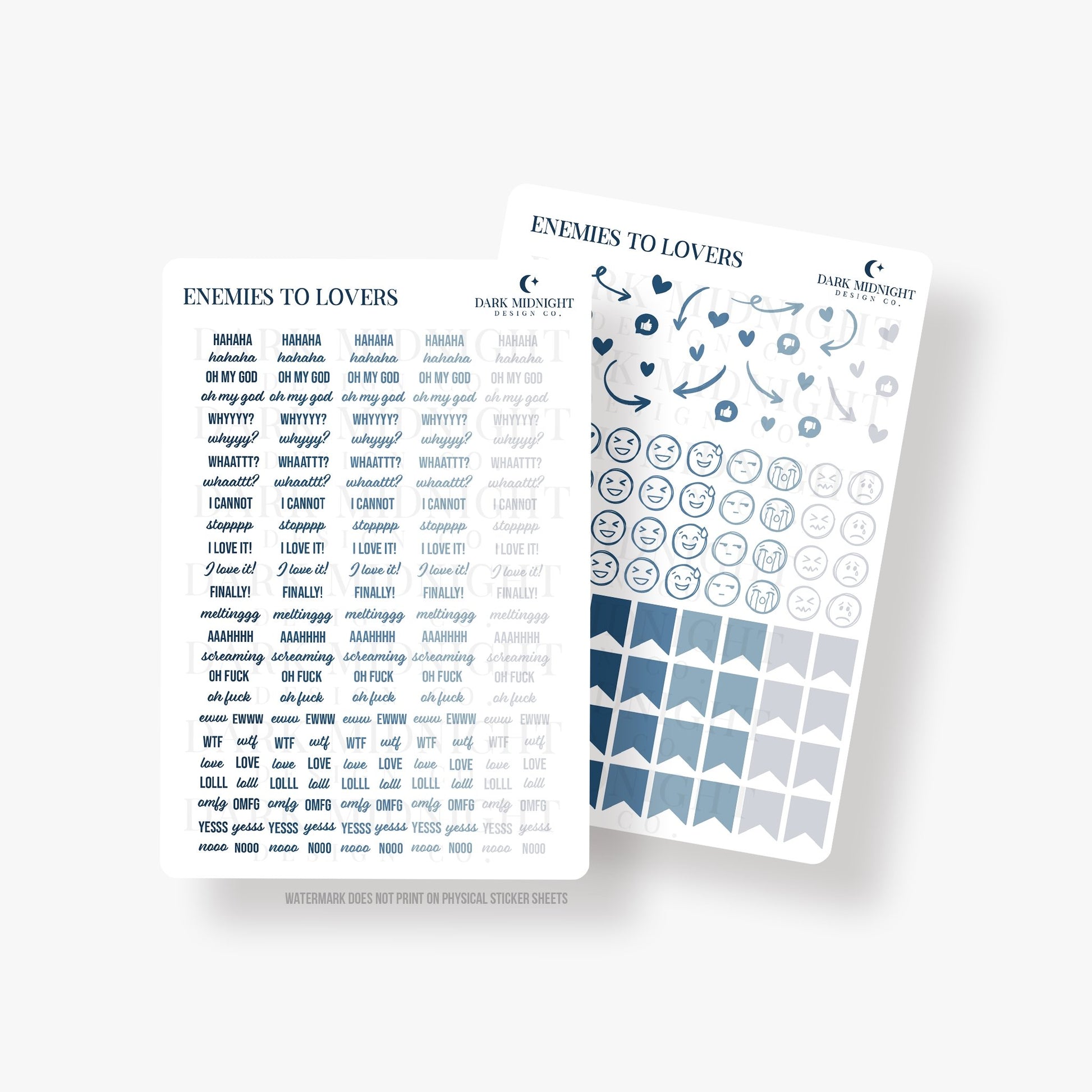 Enemies to Lovers - Shades of Blue Text and Reaction Annotation Stickers - Dark Midnight Design Co