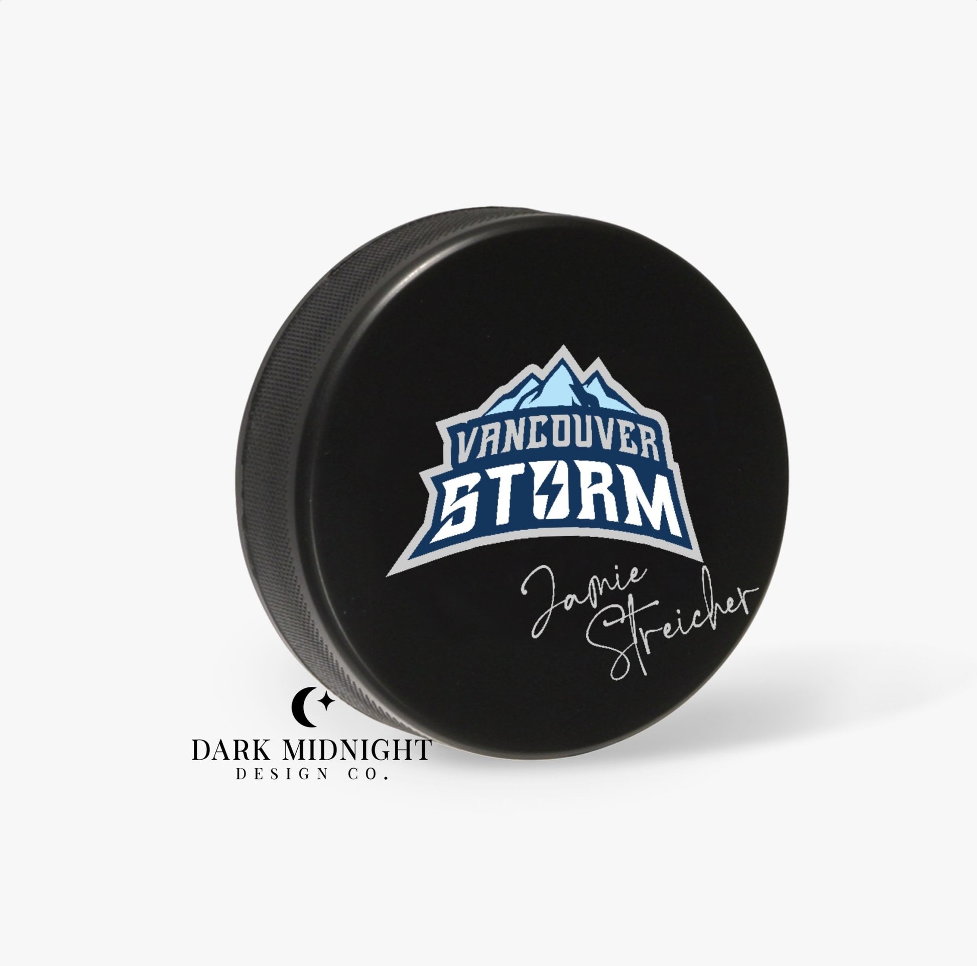 Pre-Order: Vancouver Storm Jamie Streicher Signed Hockey Puck - Officially Licensed Vancouver Storm Series - Dark Midnight Design Co