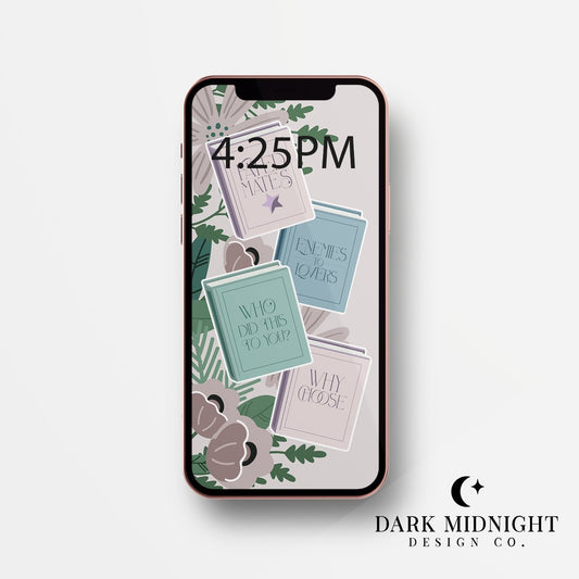 Purple Bookish Tropes and Florals Phone Wallpaper - Dark Midnight Design Co